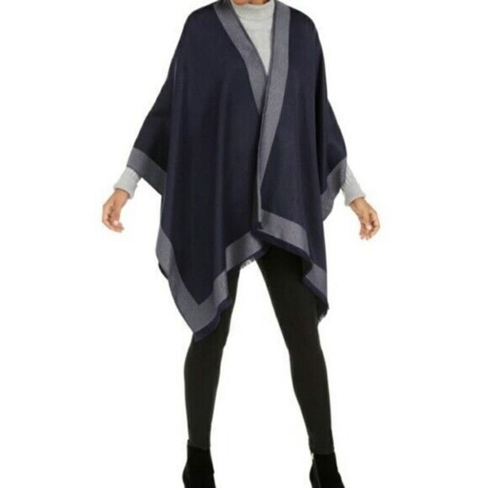 Calvin Klein Metallic Border Ruana Wrap Shawl Navy Grey One Size Rtl $88 - Picture 1 of 2